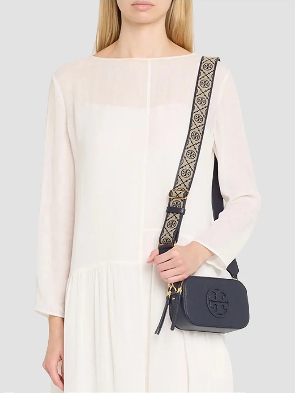 Tory Burch Navy Leather Camera Crossbody with Patterned Logo Strap
